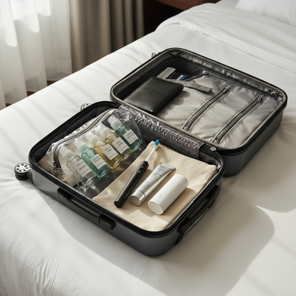 Carry-on toiletry bag packed with TSA-compliant travel bottles and clear quart bag