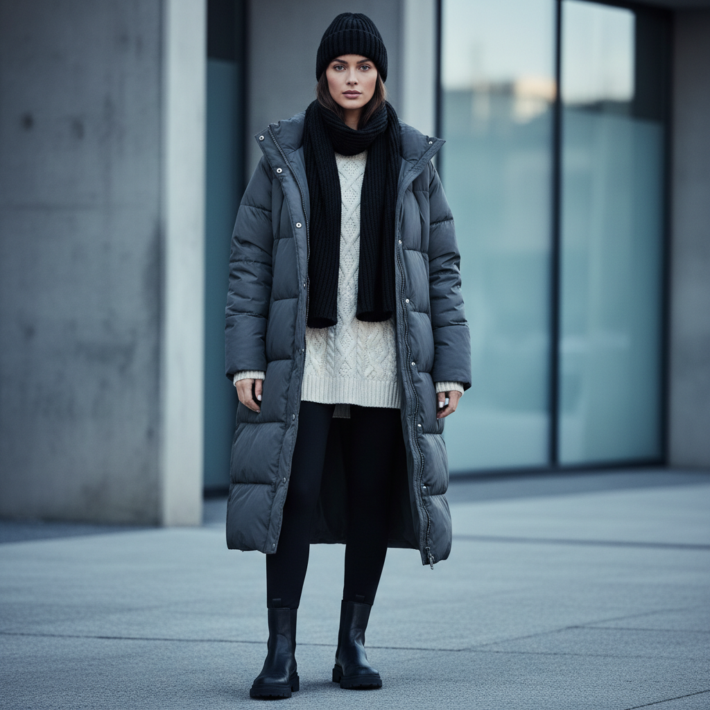 Layered winter outfit with leggings, chunky knit, and long puffer coat