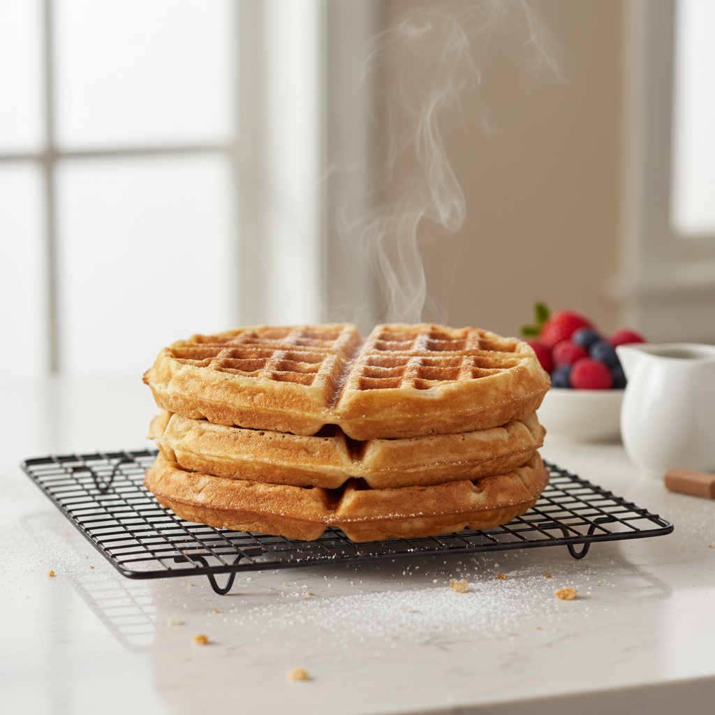 Crispy golden waffles on a cooling rack with steam escaping