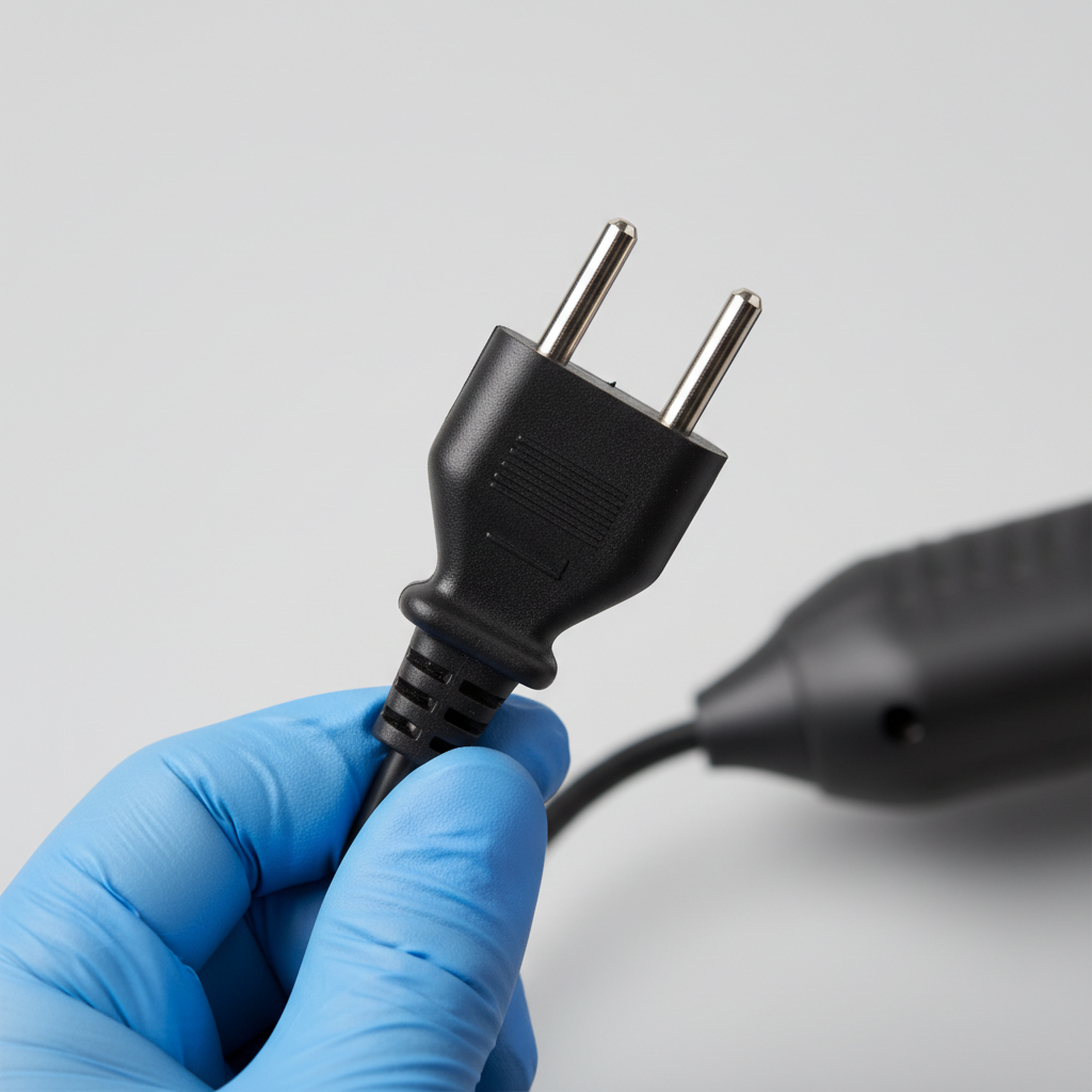 Close-up inspection of a hot glue gun power cord and plug for damage