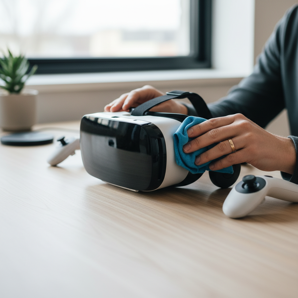User wiping VR headset lenses with microfiber cloth to fix blurry view
