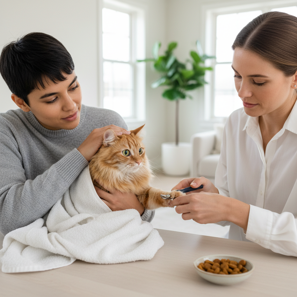 Two-person cat nail trimming with treats and calm restraint