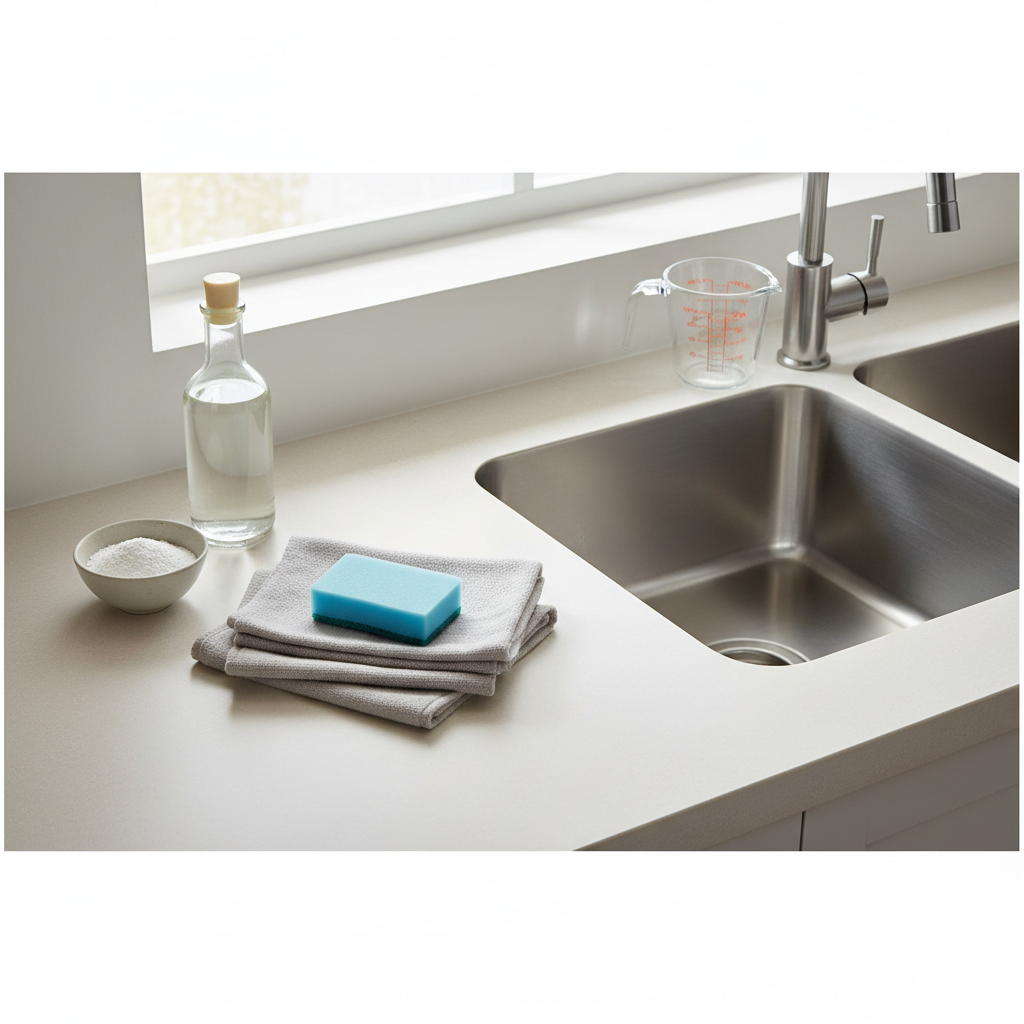 Vinegar and baking soda supplies for deep cleaning a stainless steel sink