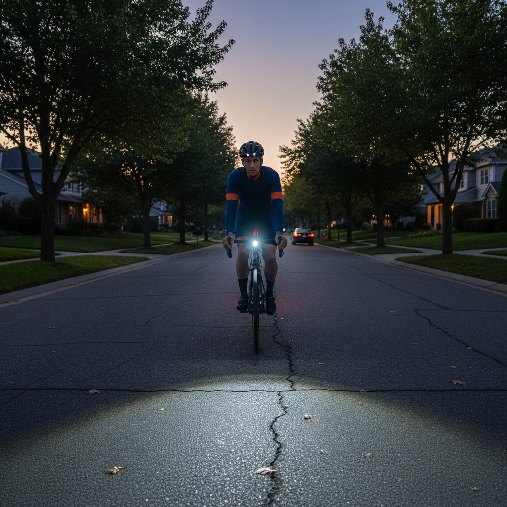 Cyclist riding at dusk with correctly aimed handlebar light illuminating the road