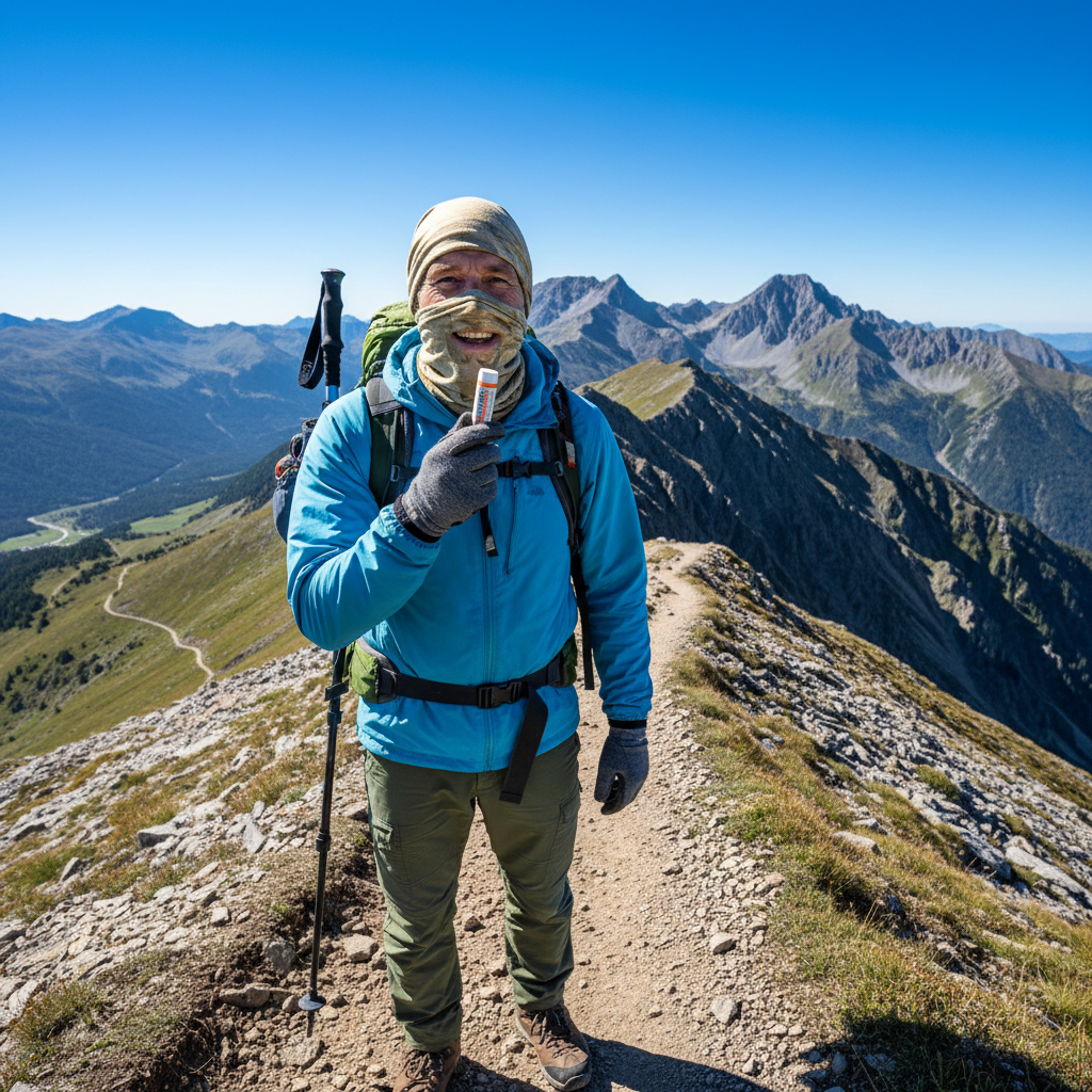 Hiker using scarf and SPF lip balm to protect lips from sun and wind