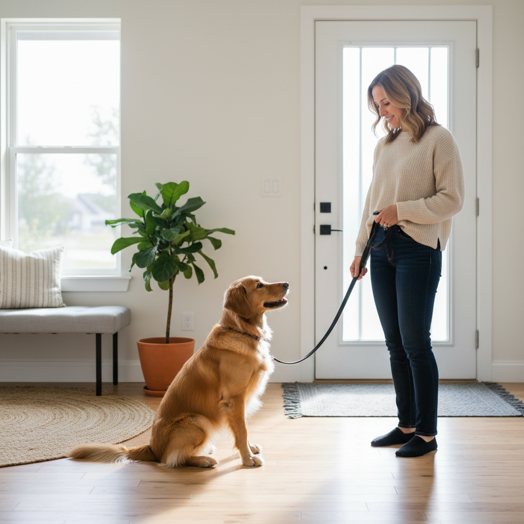 Dog sitting politely at the front door before a walk with leash in hand