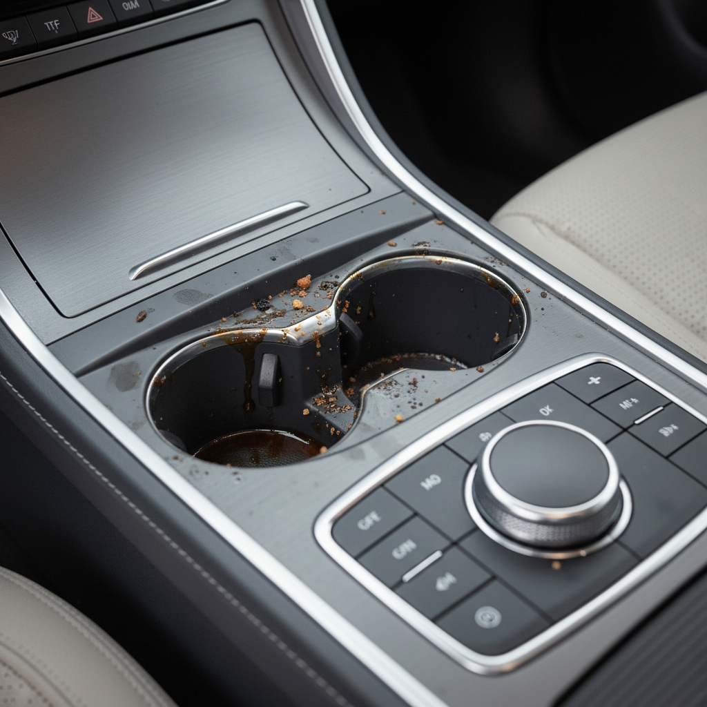 Dirty car cup holders with sticky coffee residue before cleaning