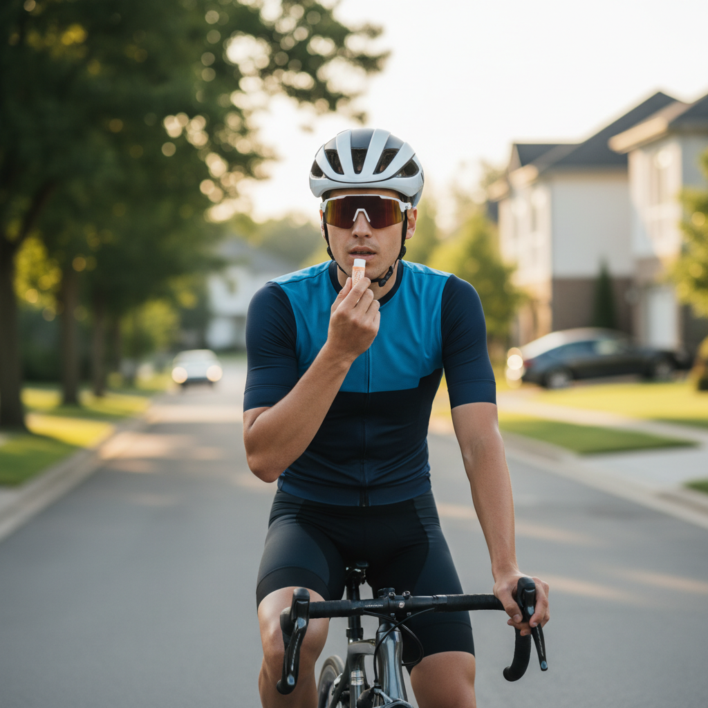 Cyclist applying SPF lip balm before a sunny ride