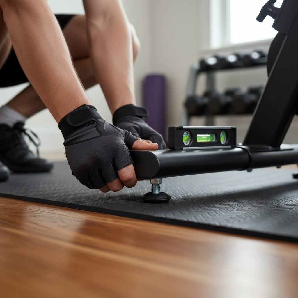Leveling an exercise bike on a mat to stop rocking and protect floors