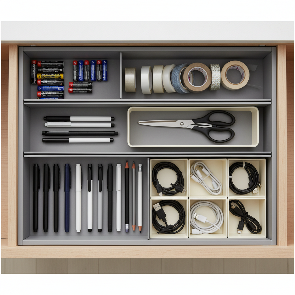Neatly organized junk drawer with dividers and labeled sections