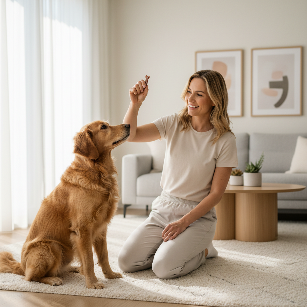 Owner luring a dog into a sit with a treat in a quiet living room