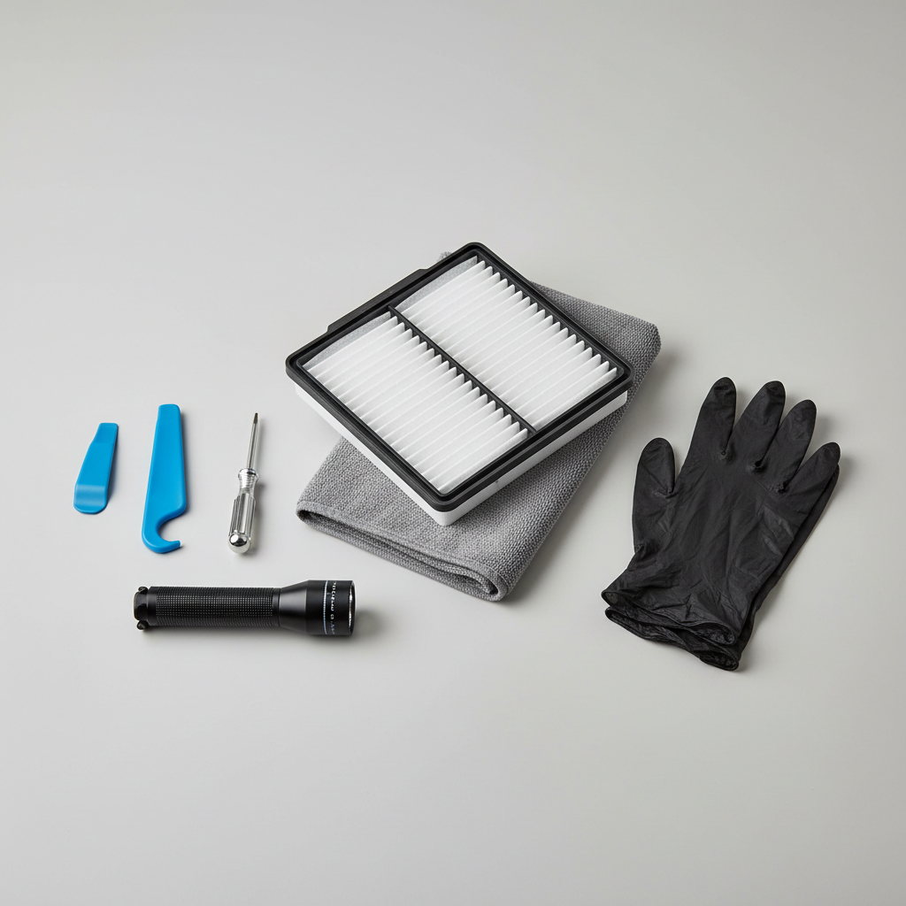 Tools for replacing a cabin air filter: flashlight, trim tool, and new filter