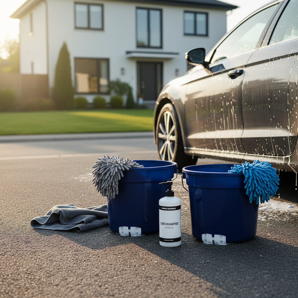 Two-bucket hand car wash setup with grit guards and microfiber towels