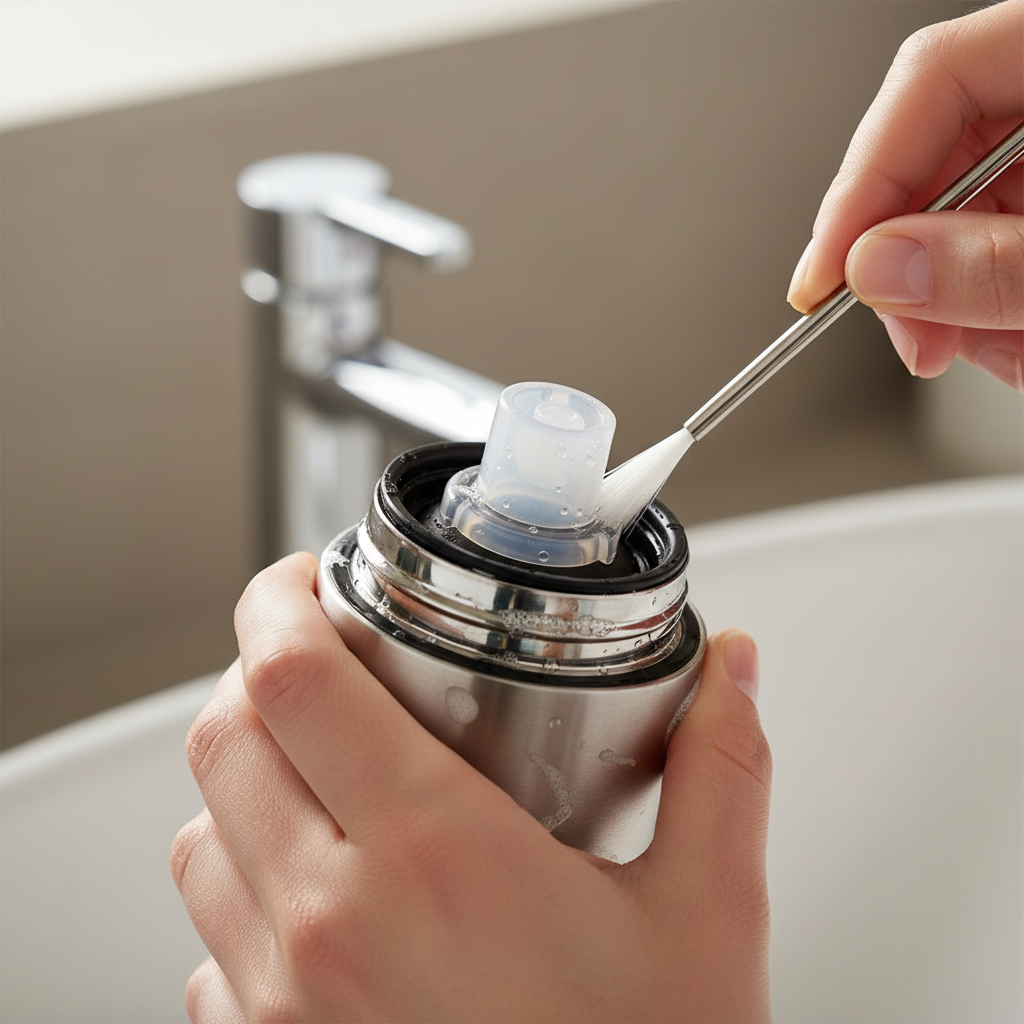Close-up of cleaning travel bottle lid gasket and threads with a small brush