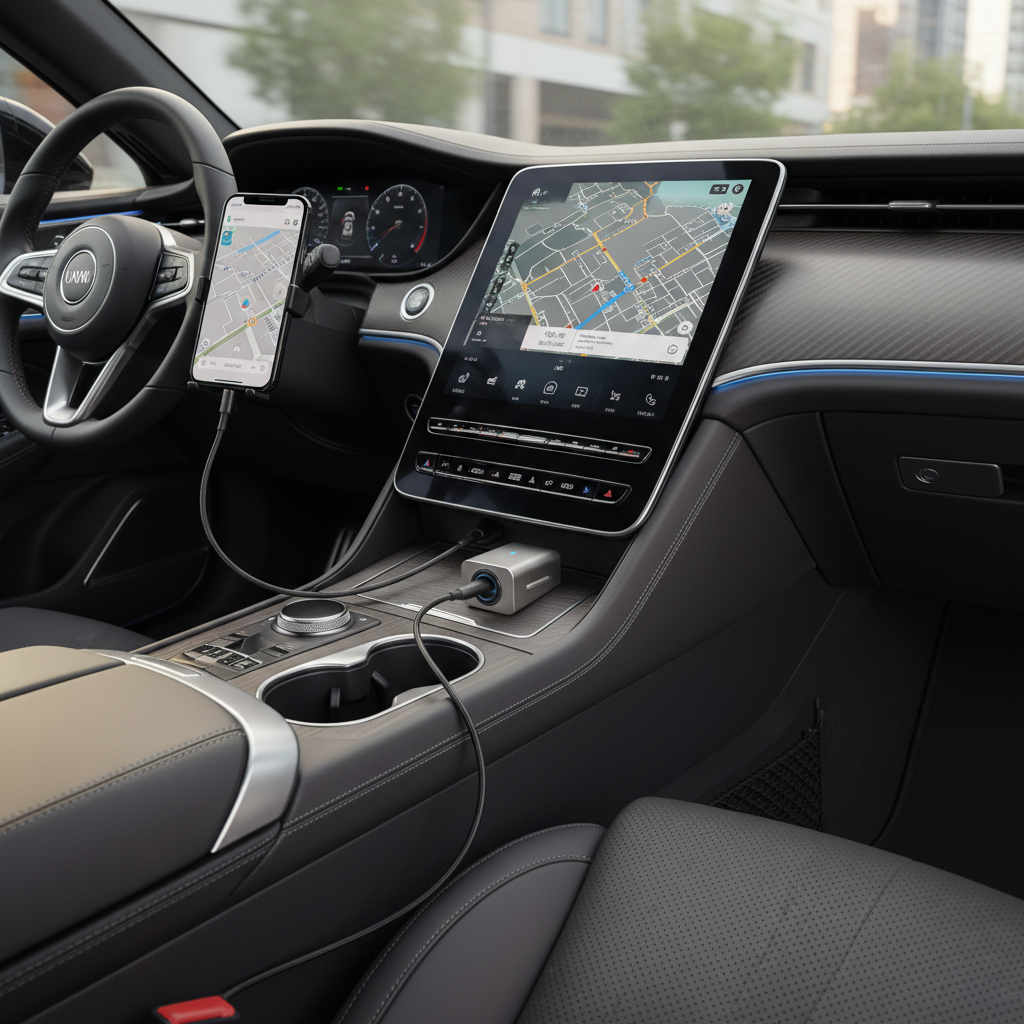 Car center console with USB charger, cables, and phone navigation setup
