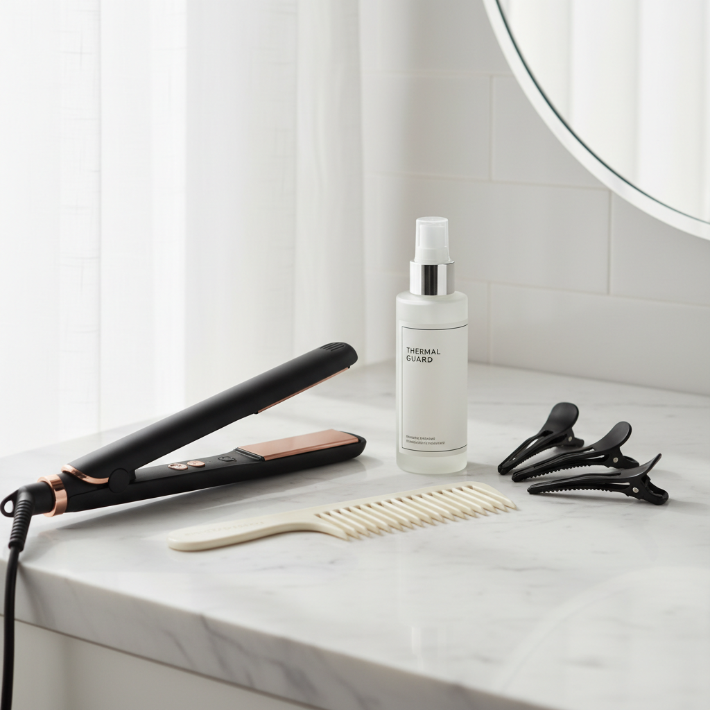 Heat protectant and flat iron setup for thick hair styling routine