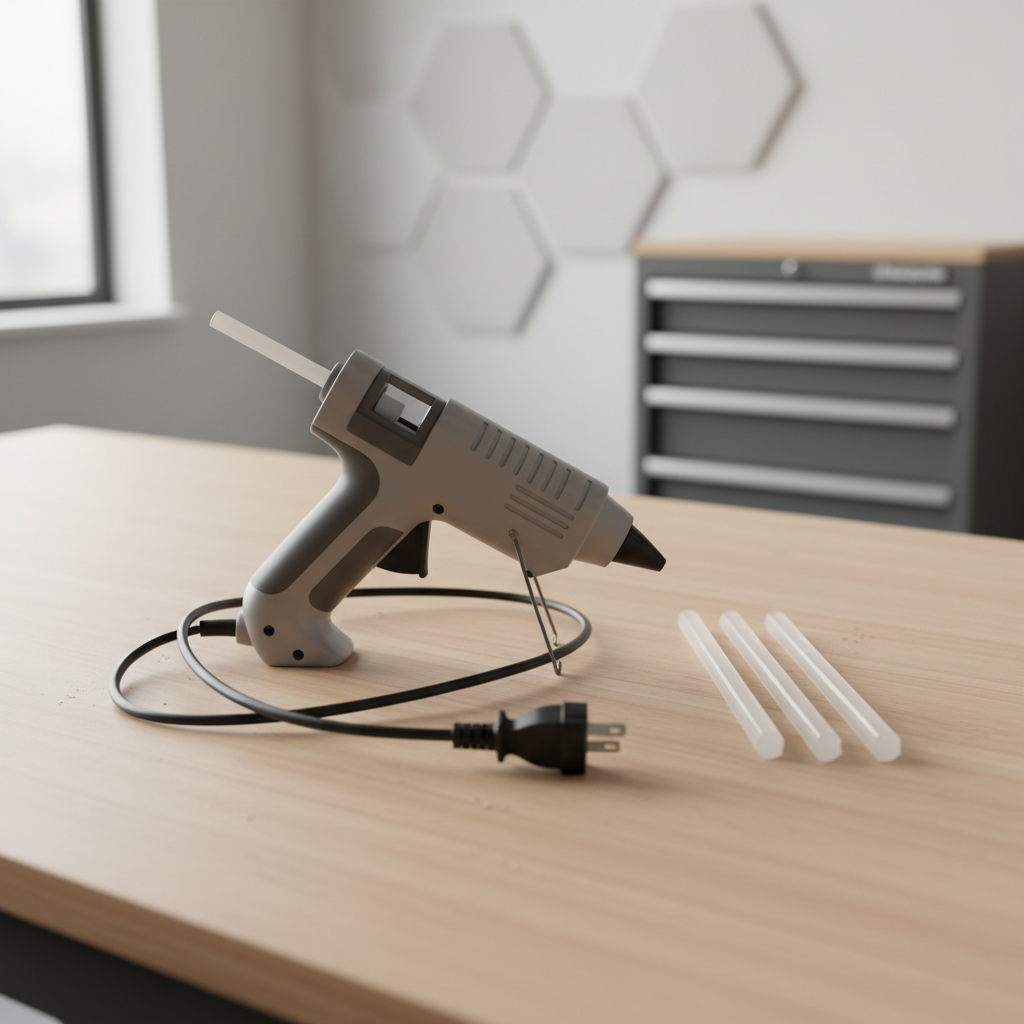 Hot glue gun on a workbench with unplugged cord and glue sticks for troubleshooting