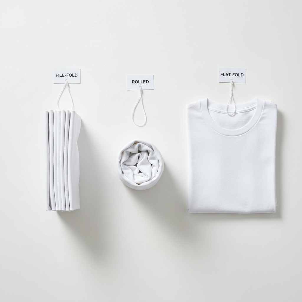 Step-by-step folding comparison: file fold vs roll vs flat fold