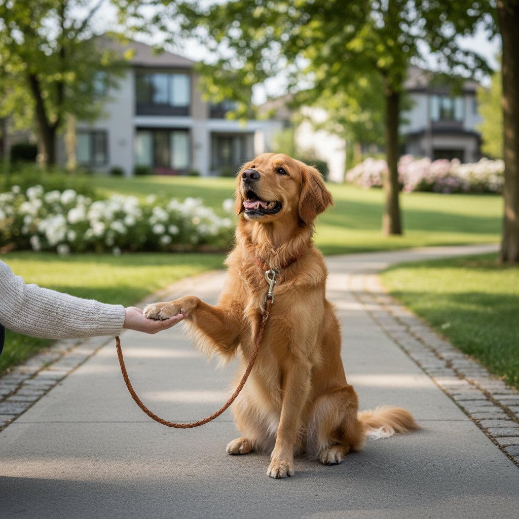 Dog calmly offering a shake outdoors with a handler in a low-distraction setting