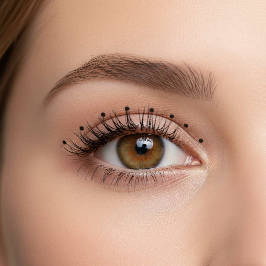 Close-up of winged eyeliner mapping with small dots at outer corner