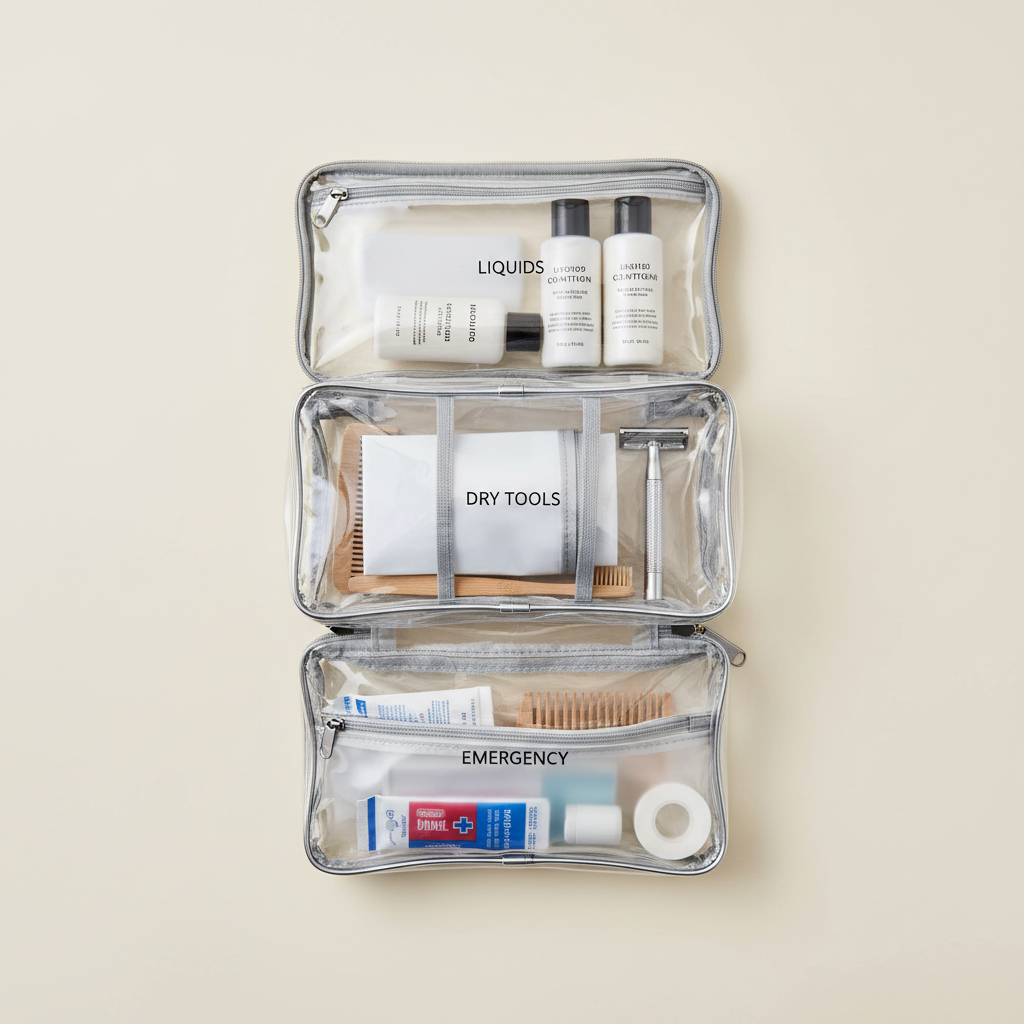 Travel toiletry bag with three zones for liquids, dry tools, and emergency items