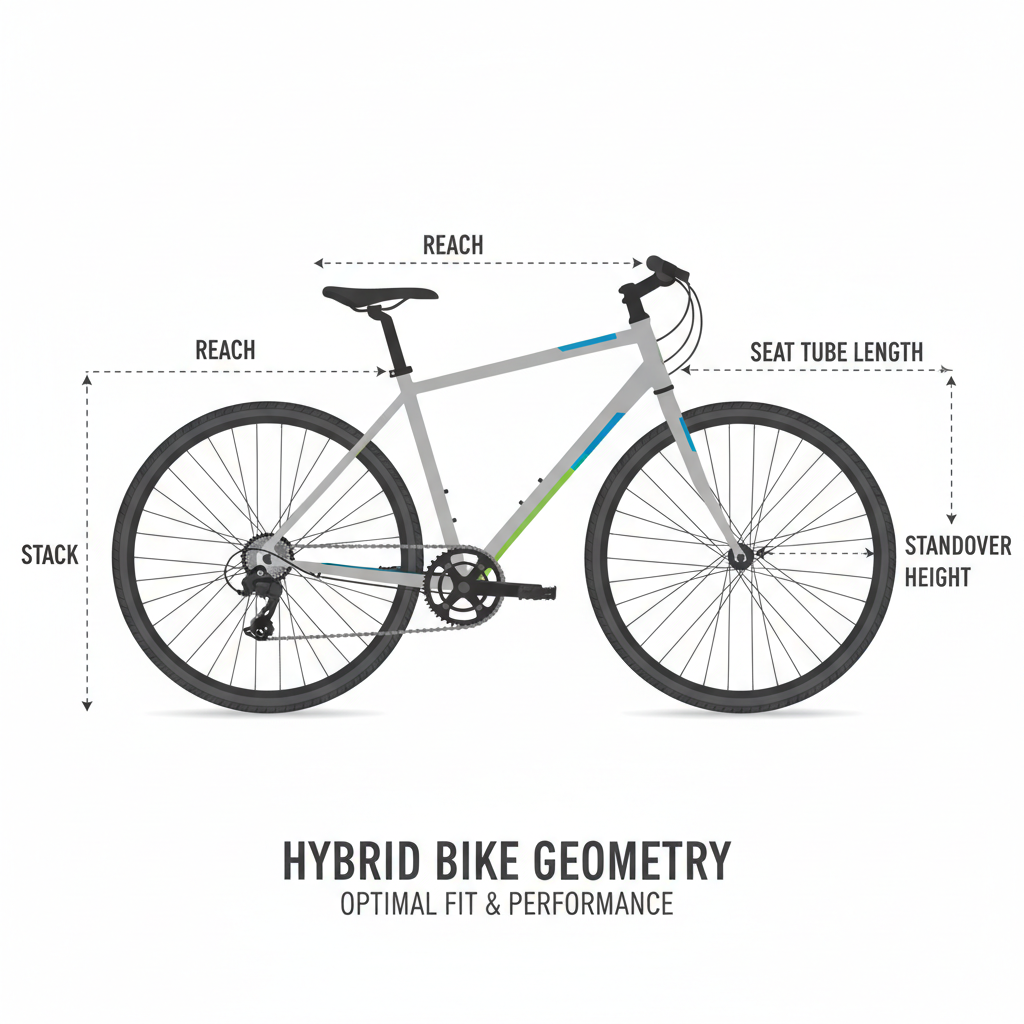Hybrid bike geometry diagram showing reach stack and standover