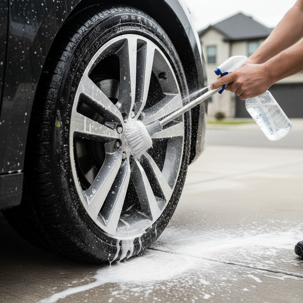 Hand washing wheels and tires with dedicated brush and wheel cleaner