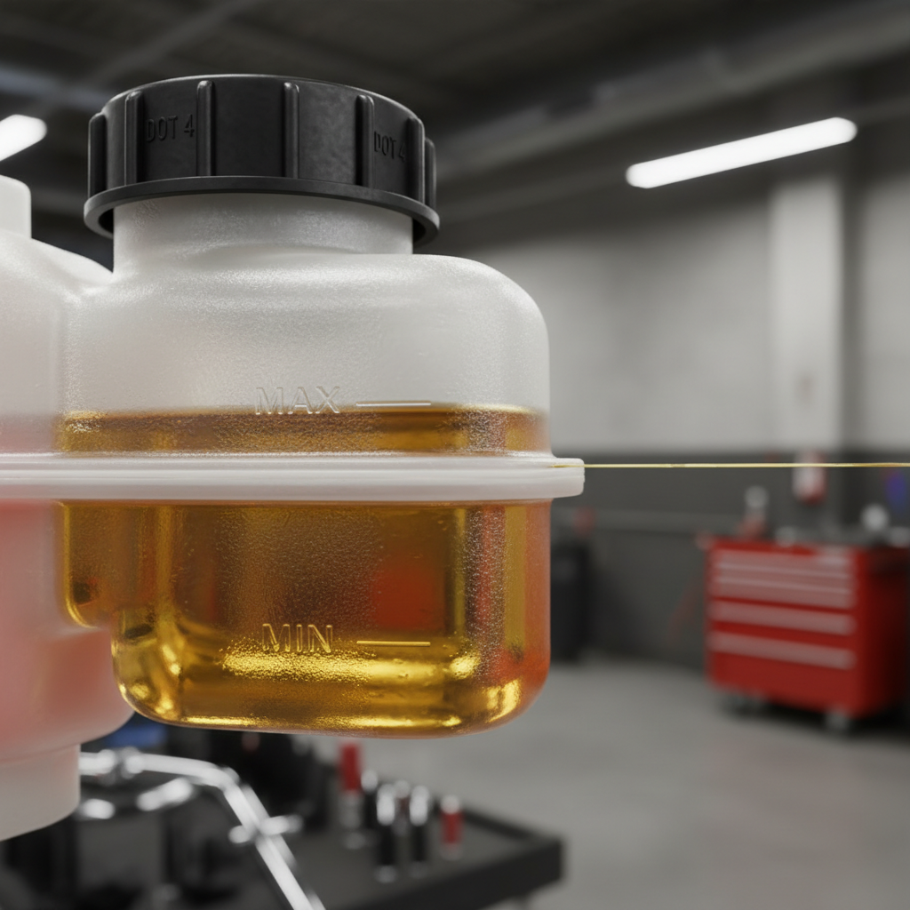 Close-up of brake fluid MIN and MAX marks with fluid level in between
