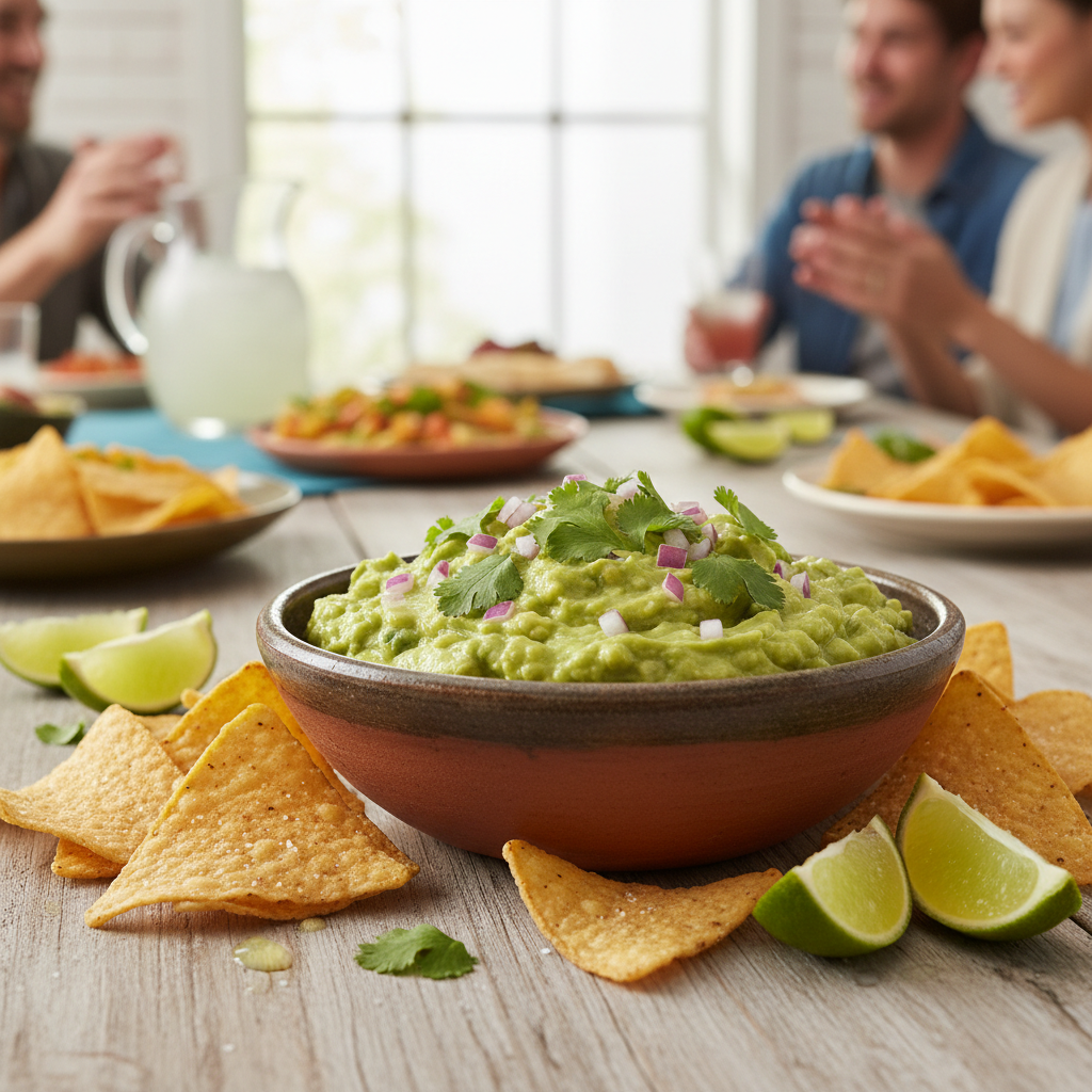 Bowl of authentic easy guacamole served with tortilla chips on a table