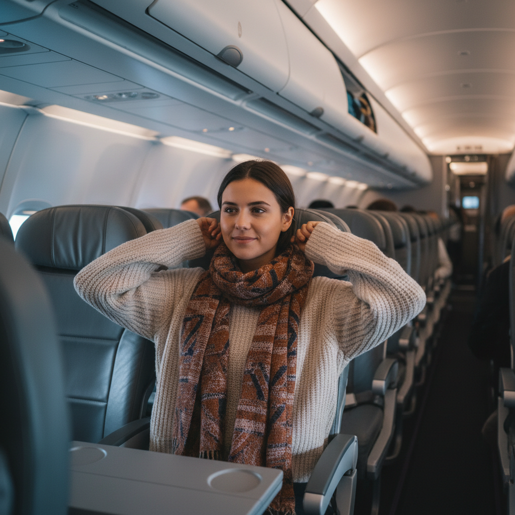 Passenger layering a sweater and scarf in an airplane seat to stay warm on a cold flight