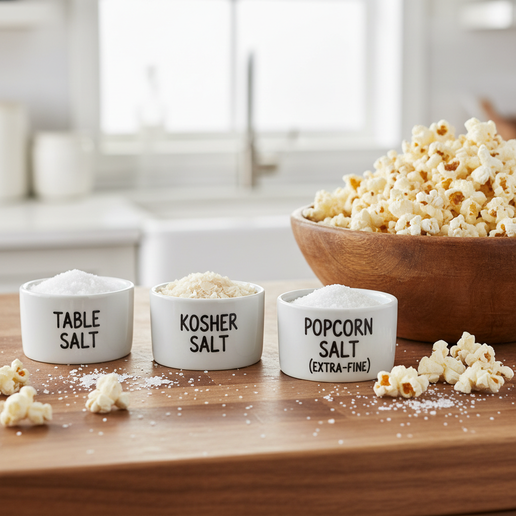 Different salt grain sizes for popcorn seasoning: table salt, kosher salt, popcorn salt