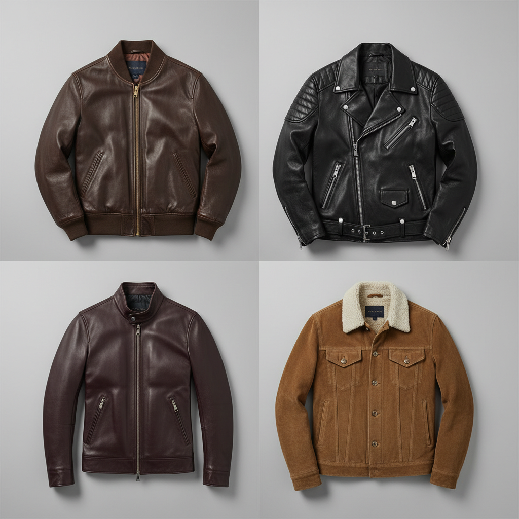 Classic leather jacket styles: bomber, biker, racer, and trucker laid out