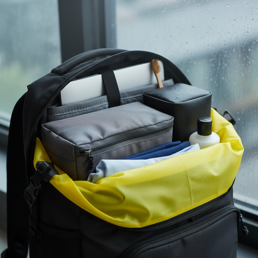 Waterproof liner and packing cubes inside a commuter backpack for rainy rides