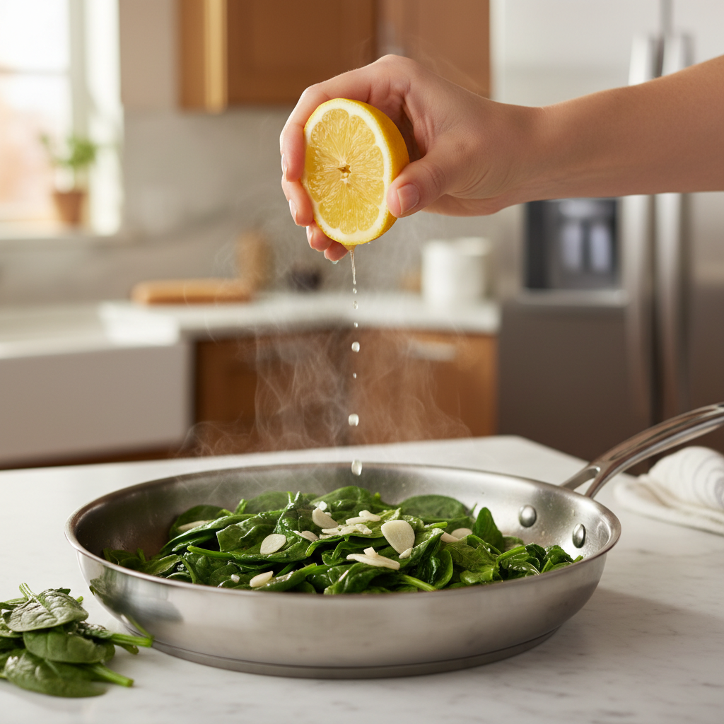 Sauteed spinach with garlic in a skillet, finishing with lemon for a healthy tasty side