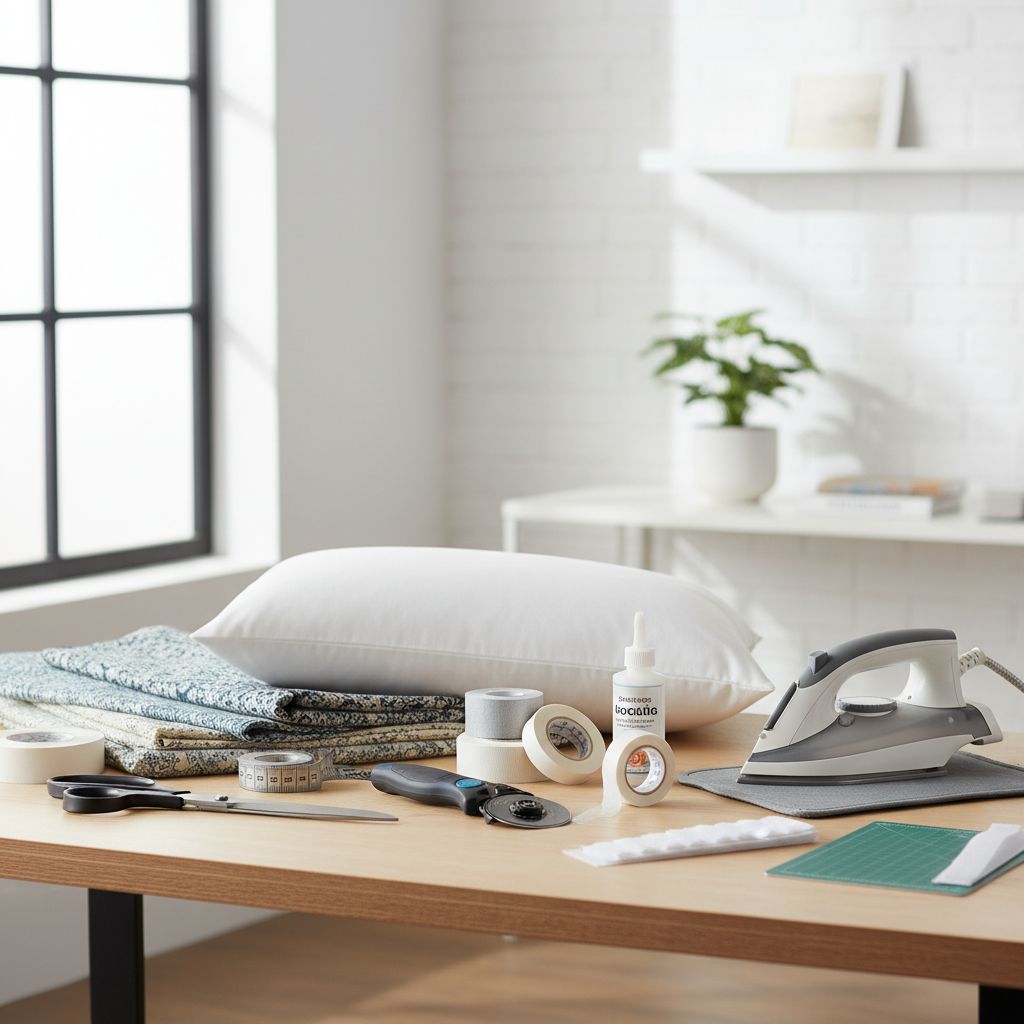 No-sew throw pillow cover supplies laid out on a table