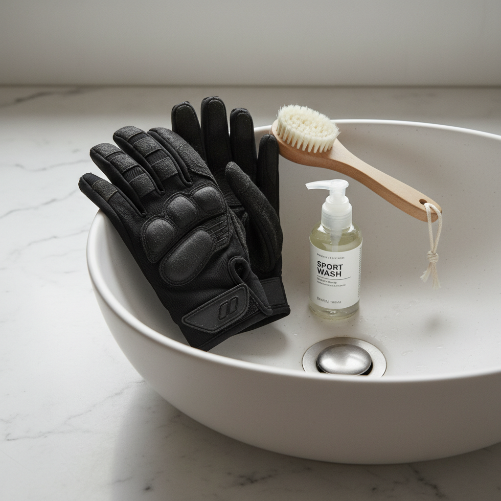 Cycling gloves next to mild detergent and a wash basin for gentle cleaning