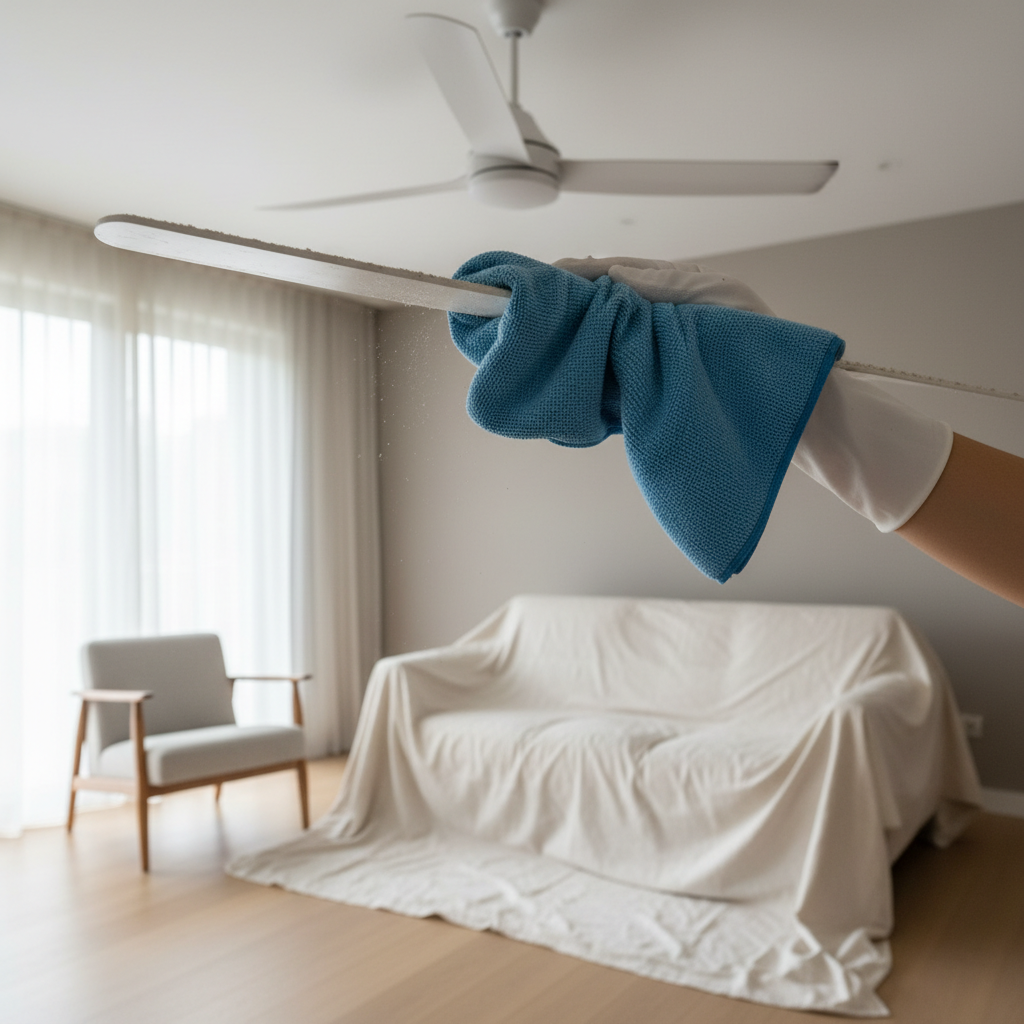 Microfiber cloth wiping a ceiling fan blade with dust contained and a sheet below