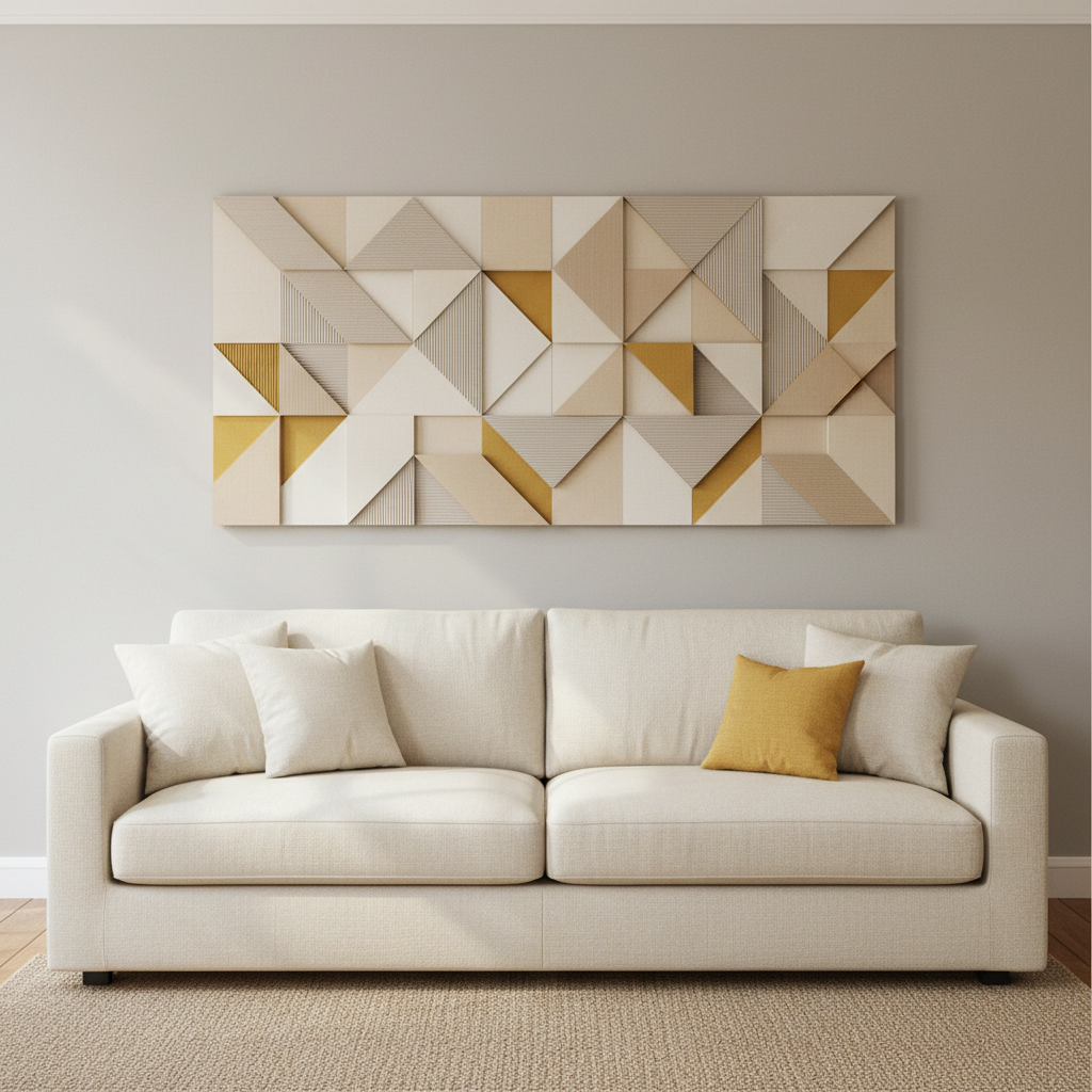 Modern paper and cardboard geometric wall art arrangement in a living room