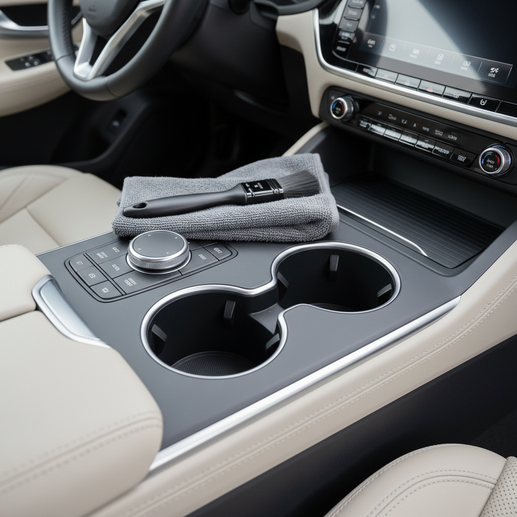 Clean car cup holders after detailing with microfiber and brush, matte finish