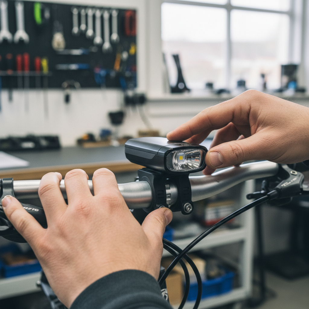 Hands performing a stability check on a bike light mounted to handlebars