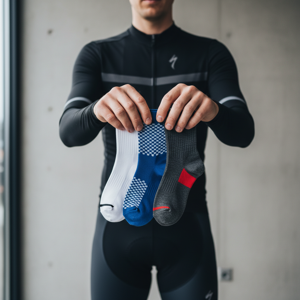 Cyclist comparing low-cut, quarter, and crew cycling sock lengths