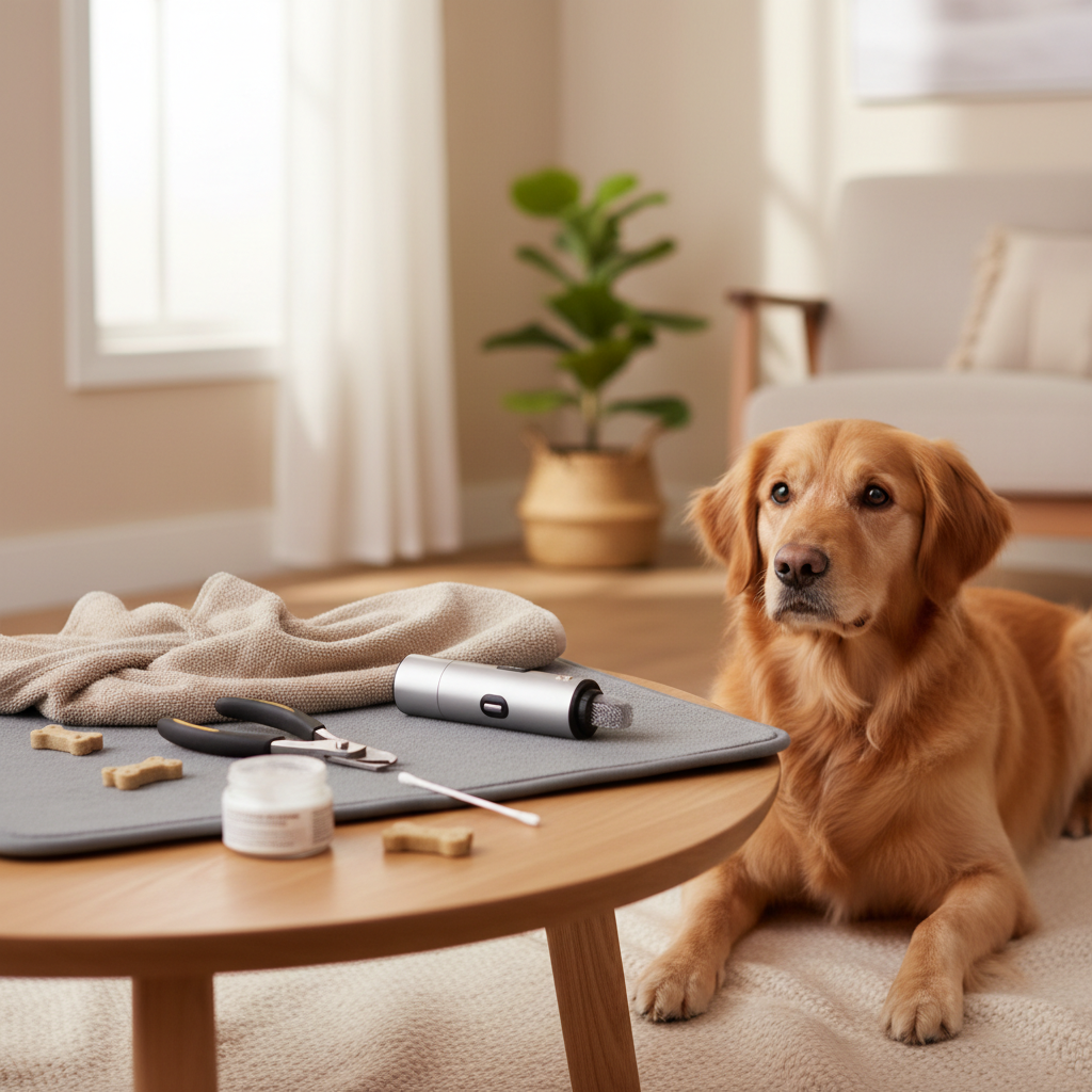 Owner preparing tools for safe dog nail trimming at home