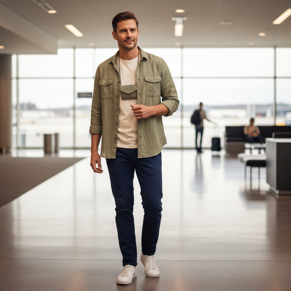 Traveler wearing a discreet neck wallet under a shirt with no visible outline