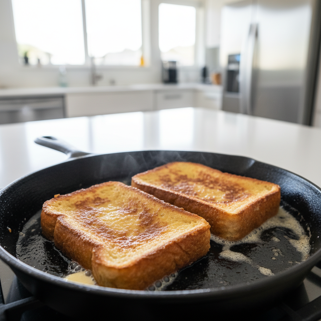 Crispy French toast cooking in a buttered skillet with golden edges