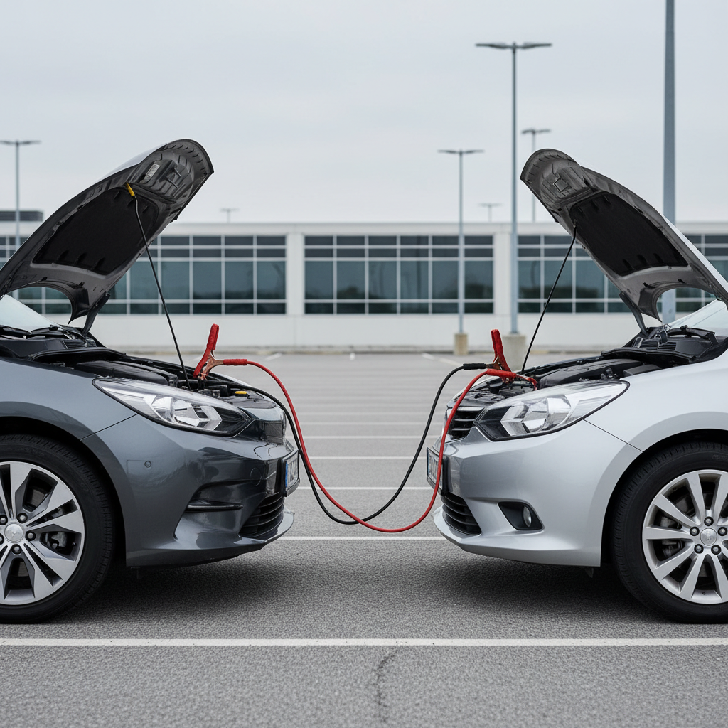Jump starting a car with jumper cables between two vehicles parked safely