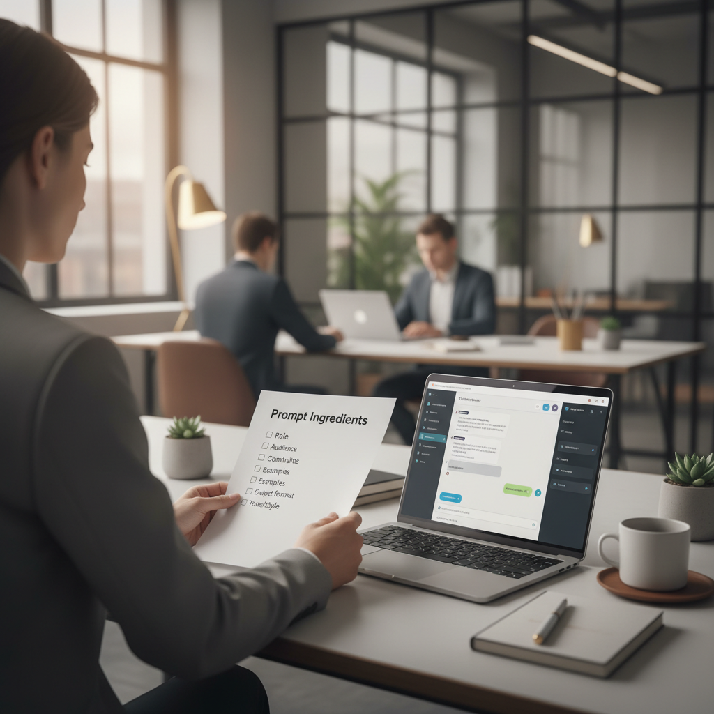Prompt ingredients checklist for role, audience, constraints, and examples