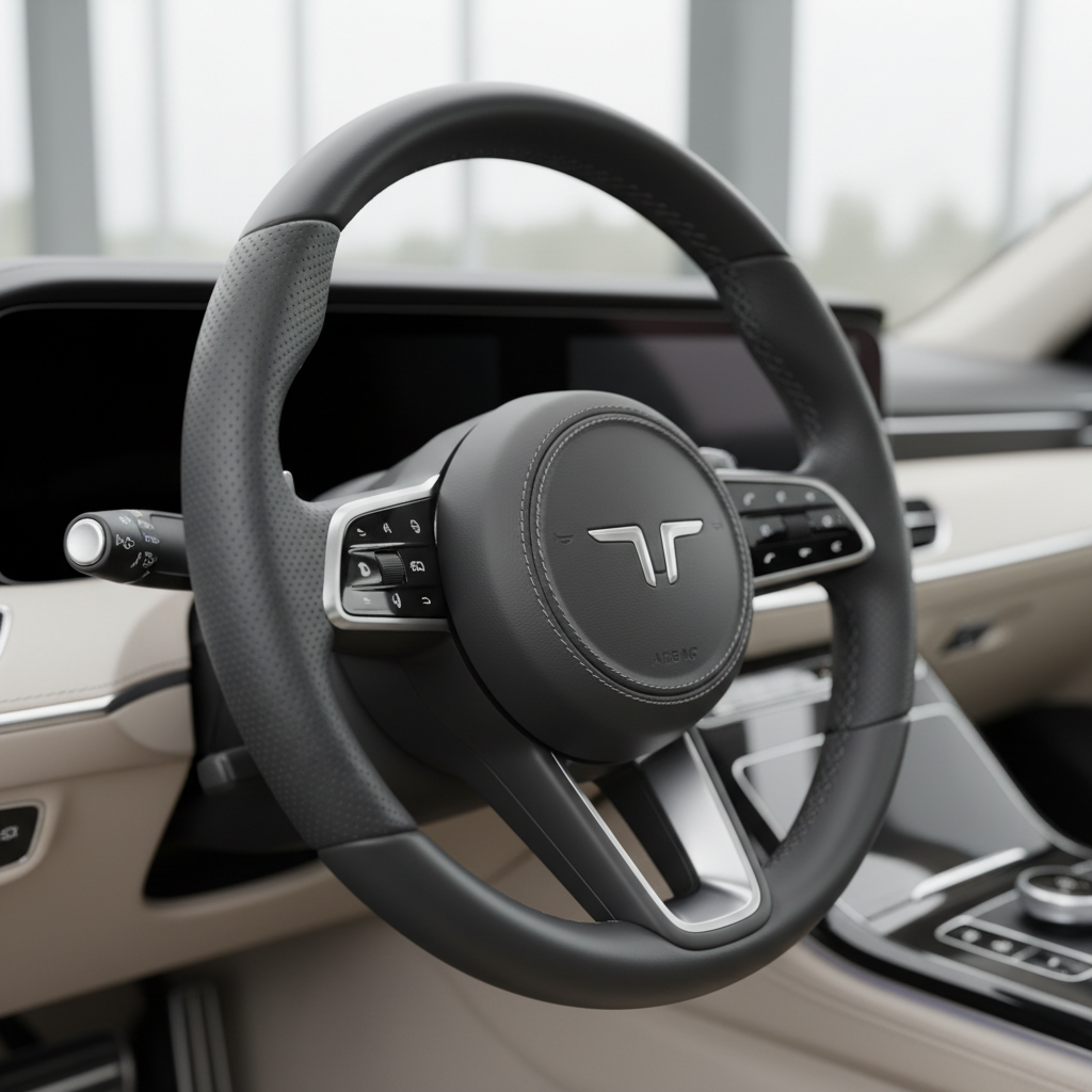 Matte clean leather steering wheel close-up showing stitching and texture