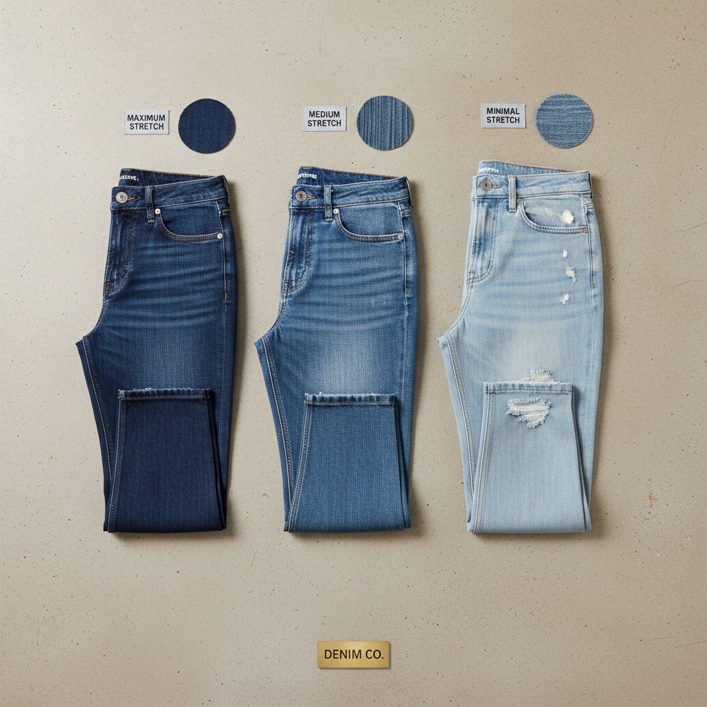 Flat lay comparison of high-rise, mid-rise, and low-rise jeans with fabric swatches