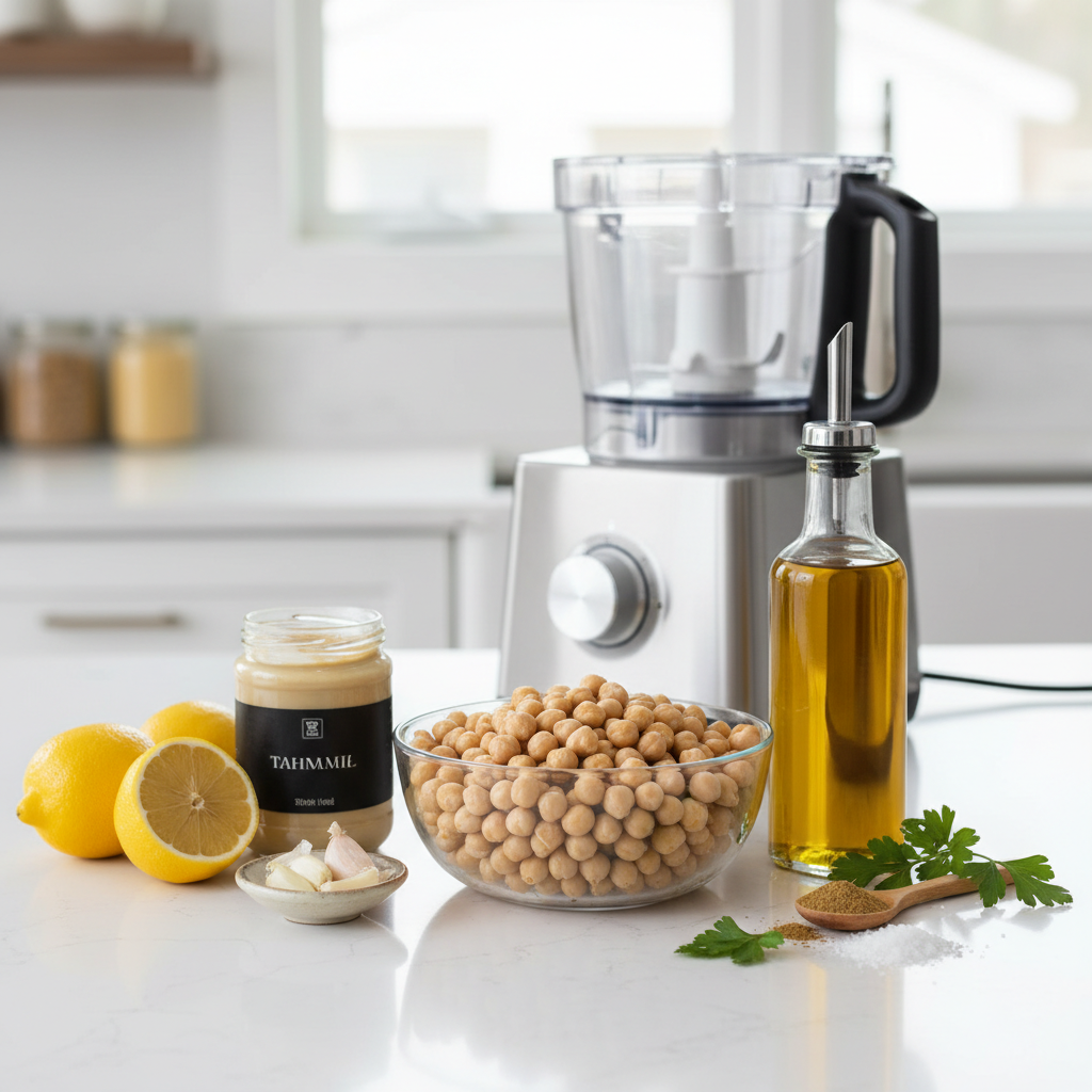 Healthy homemade hummus ingredients on a kitchen counter