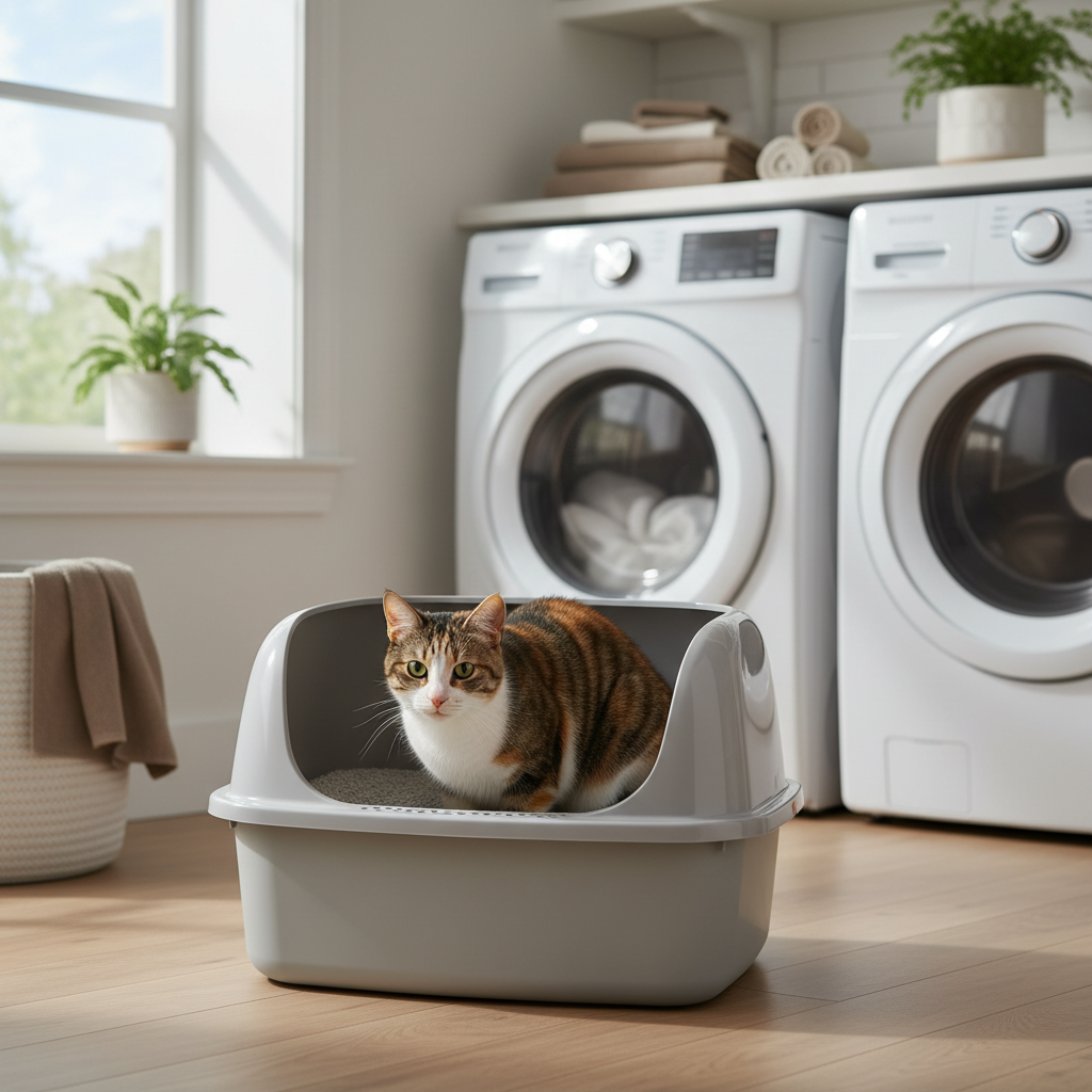 Cat using a clean litter box in a calm home setup